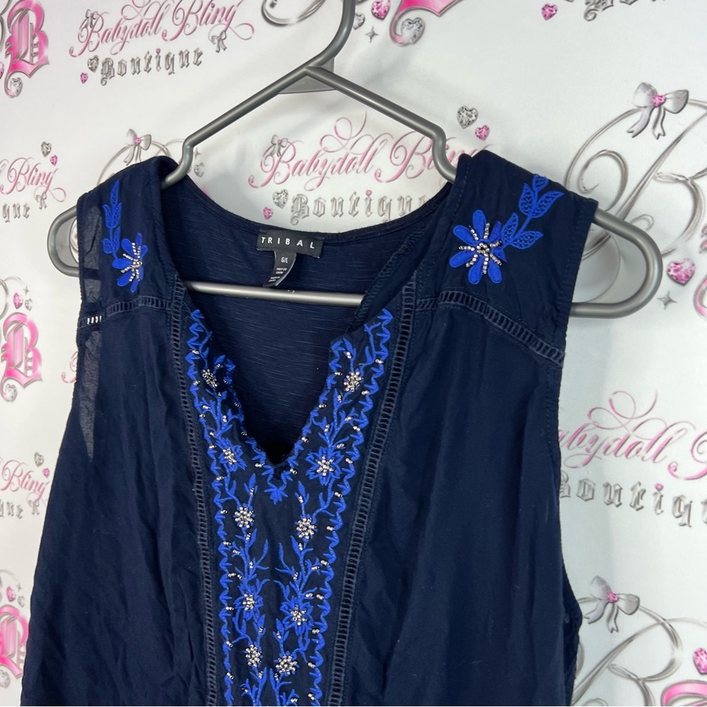 Tribal tank top embroidered Navy Blue Sleeveless Top floral flowers shirt - Picture 5 of 11